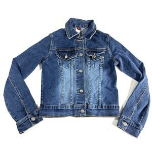 Plastic Women’s Denim Jean Jacket Small Blue Made in USA Stretch Cropped Y2K